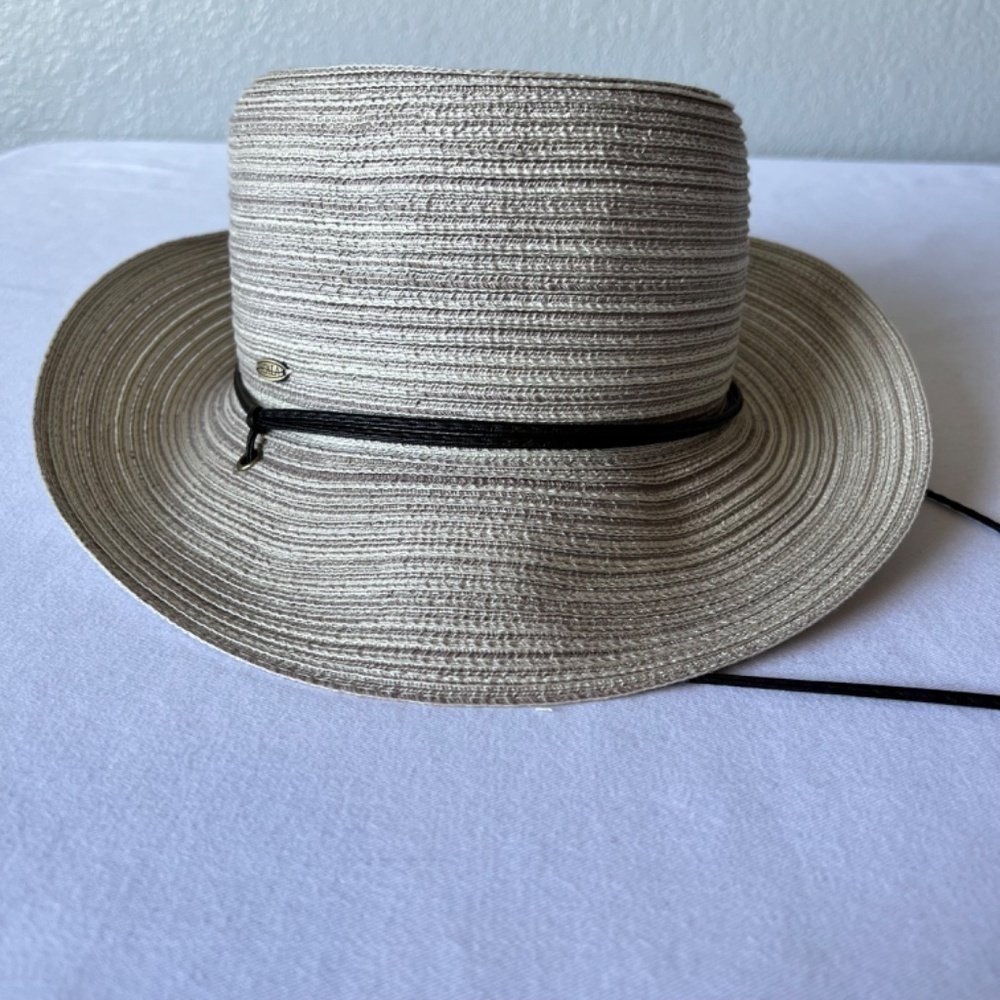 *FIRM PRICE* Scala gray and tan woven hat with leather strap and drawstring inte - Picture 15 of 15